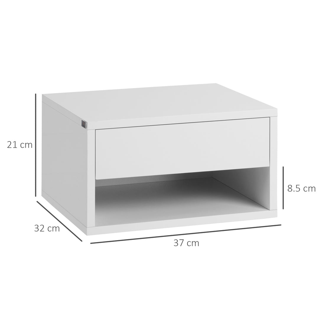 2 Pieces Bedside Table Wall Mounted Nightstand with Drawer and Shelf for Bedroom, 37 x 32 x 21cm, High Gloss White