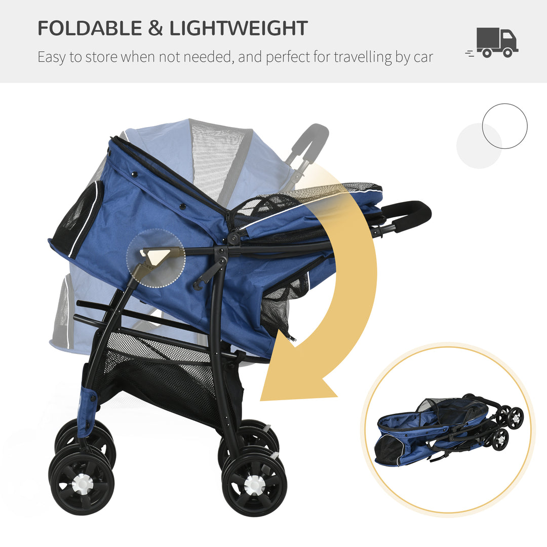 PawHut Pet Stroller, Dog Cat Travel Carriage, Foldable Carrying Bag with Large Carriage, Universal Wheels, Brake Canopy, Basket Storage Bag Dark Blue