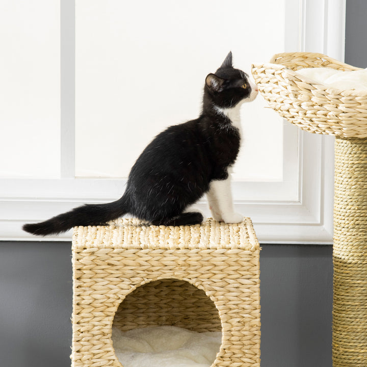 Cat Tree for Indoor Cats Kitten Tower Cattail Weave with Scratching Posts, Cat House, Bed， Washable Cushions Natural, 57 x 37 x 100.5 cm