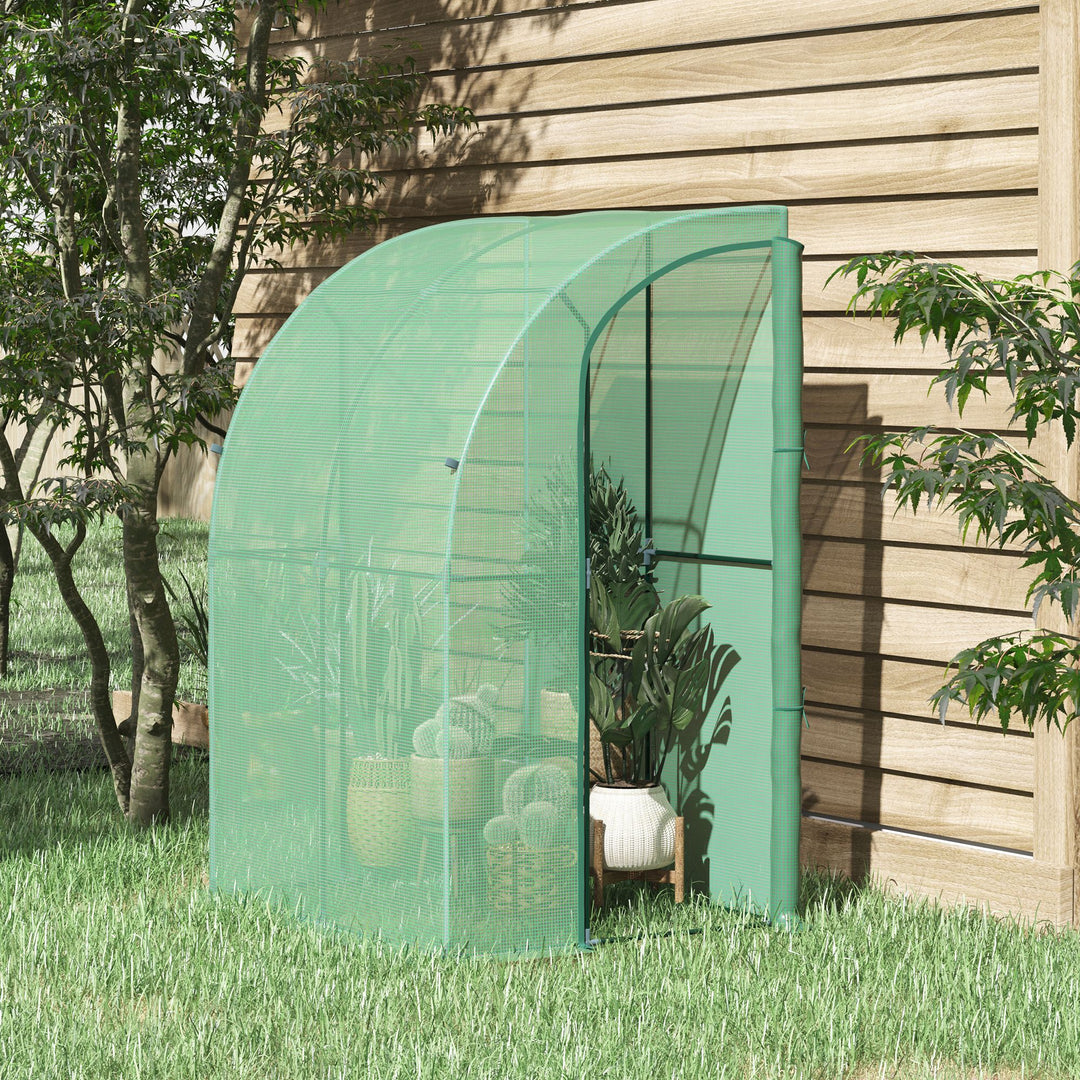 Outsunny Walk-In Greenhouse Lean to Wall Tunnel Greenhouse with Zippered Roll Up Door PE Cover and Steel Frame for Garden, 143 x 118 x 212 cm