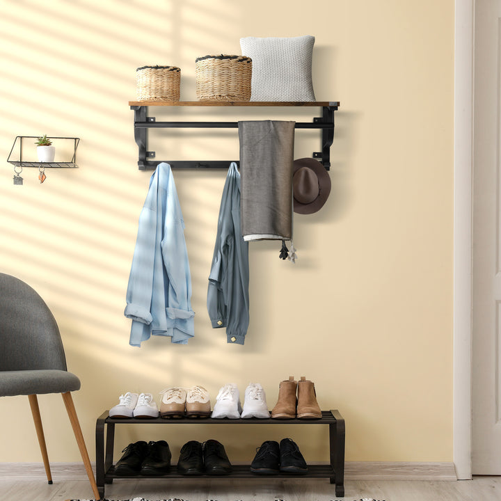 Floating Shelf with Hooks and Hanging Rod, Wall Mounted Shelf - Brown