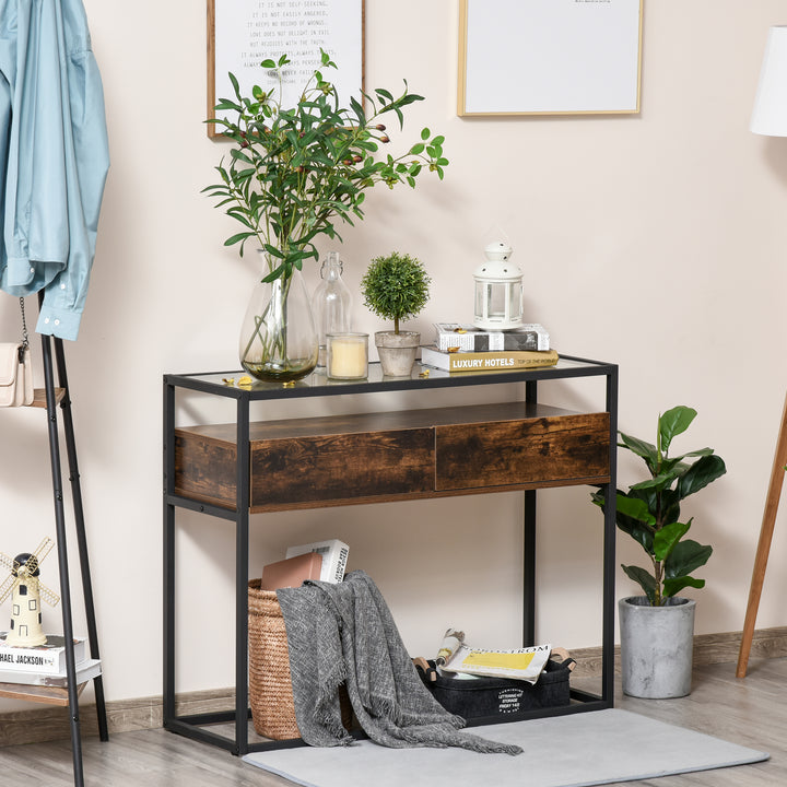 Entryway Console Table Desk with Drawers, Toughened Glass Shelf, 3D Wood Grain