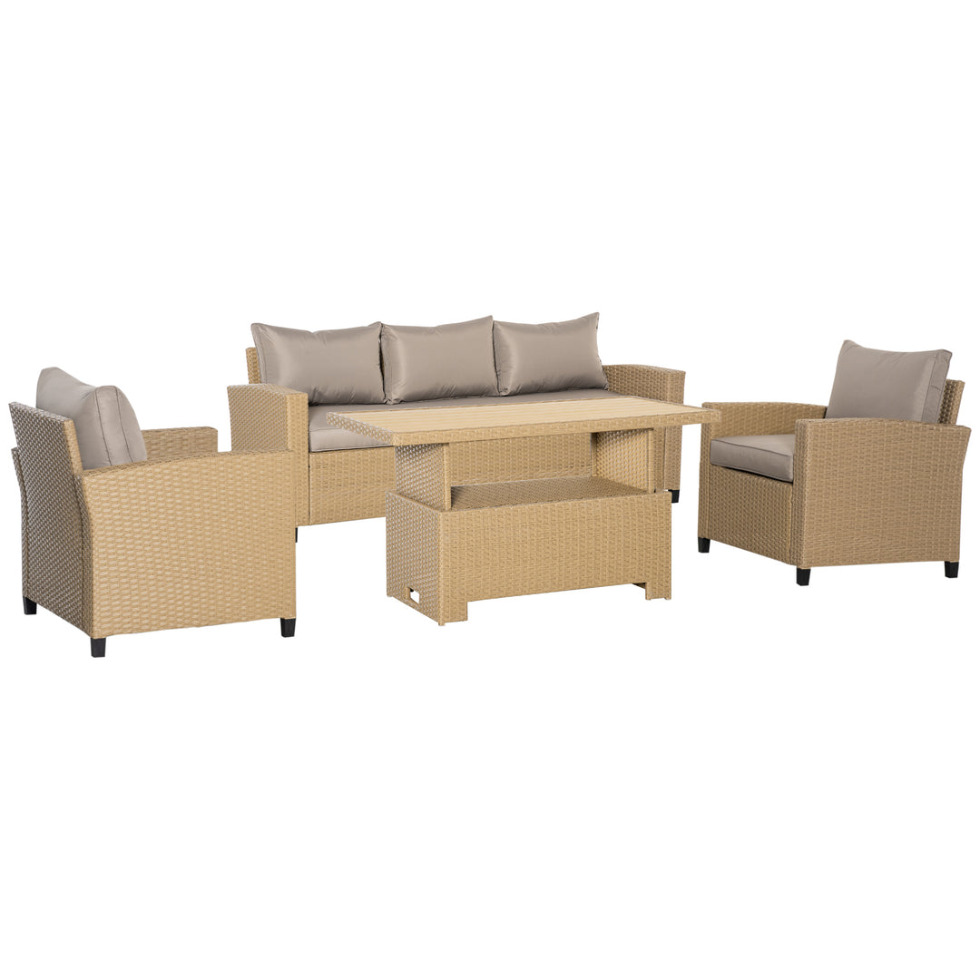 Outsunny 5-Seater Garden PE Rattan Sofa Set, Patio Wicker Aluminium Frame Conversation w/ Wood Grain Plastic Table, Khaki