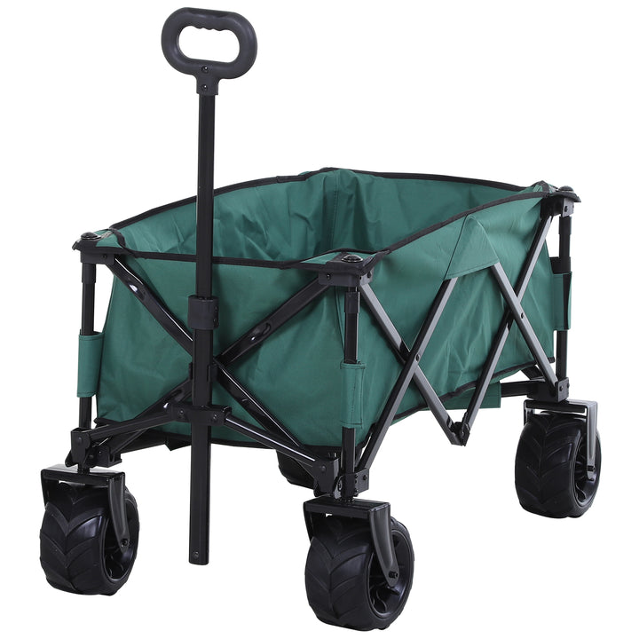 Outdoor Pull Along Cart Folding Cargo Wagon Trailer Trolley  for Beach Garden Use with Telescopic Handle, Anti-Slip Wheel - Green