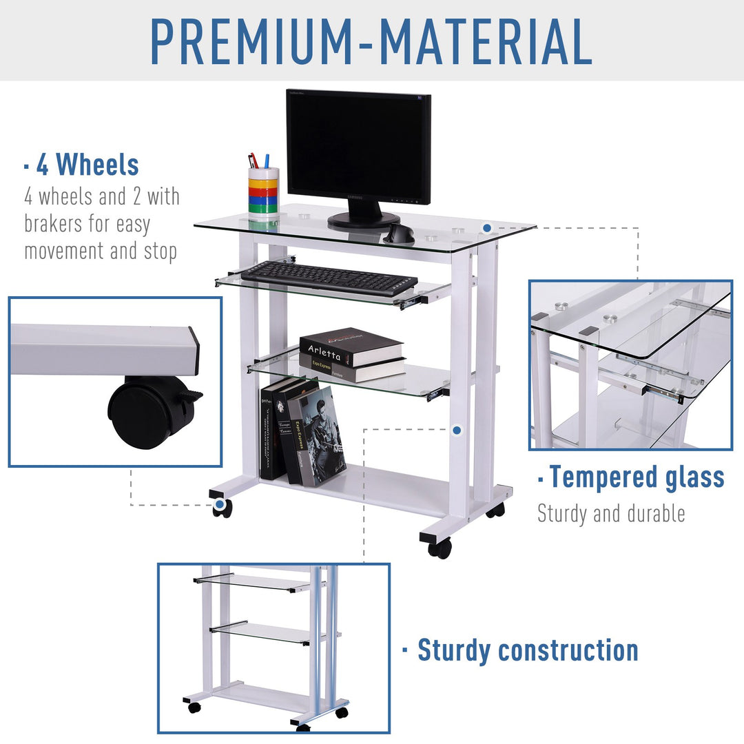 Computer Desk Glass Table Workstation Laptop pc desk mobile  with wheels White