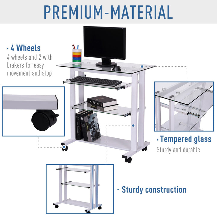 Computer Desk Glass Table Workstation Laptop pc desk mobile  with wheels White