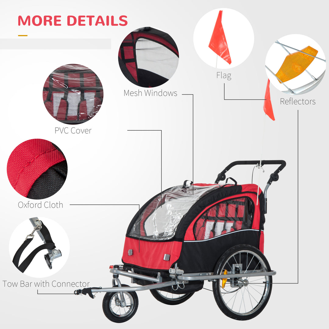 Bike Trailer 2-Seater for Bicycle Baby Child Carrier in Steel Frame (Black and Red)