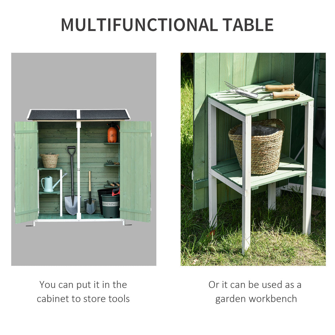 Outsunny Wooden Garden Storage Shed Multifunction Lockable Tool Cabinet Organizer w/ Table, Hooks and Ground Nails, 139 x 75 x 160 cm