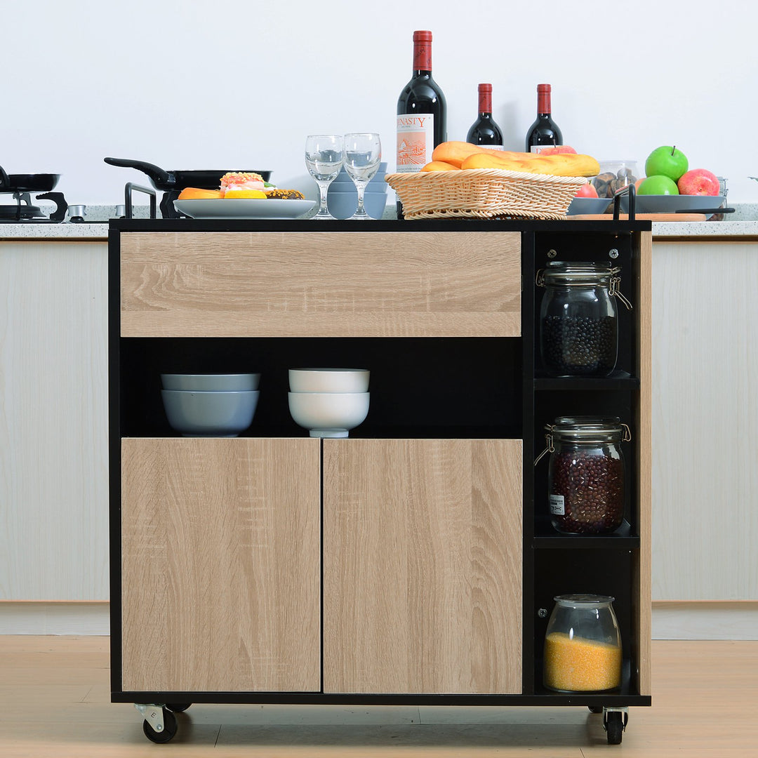 Rolling Kitchen Island, 76.5Wx40Dx82H cm-Oak/Black Colour