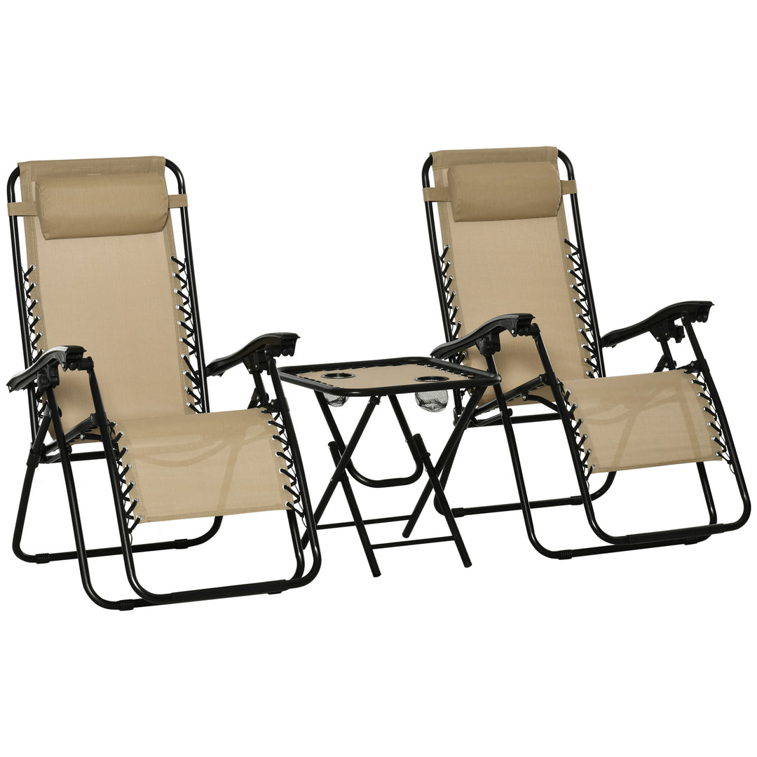 3pcs Folding Zero Gravity Chairs Sun Lounger Table Set w/ Cup Holders Reclining Garden Yard Pool, Beige