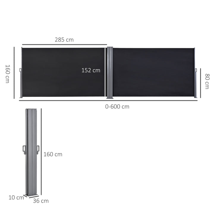 6 x 1.6 M Double Canopy Pull-Out Side Awning Sun Rain Outdoor Protection w/ Steel Frame Retractable Garden Privacy Home Commercial Dark Grey