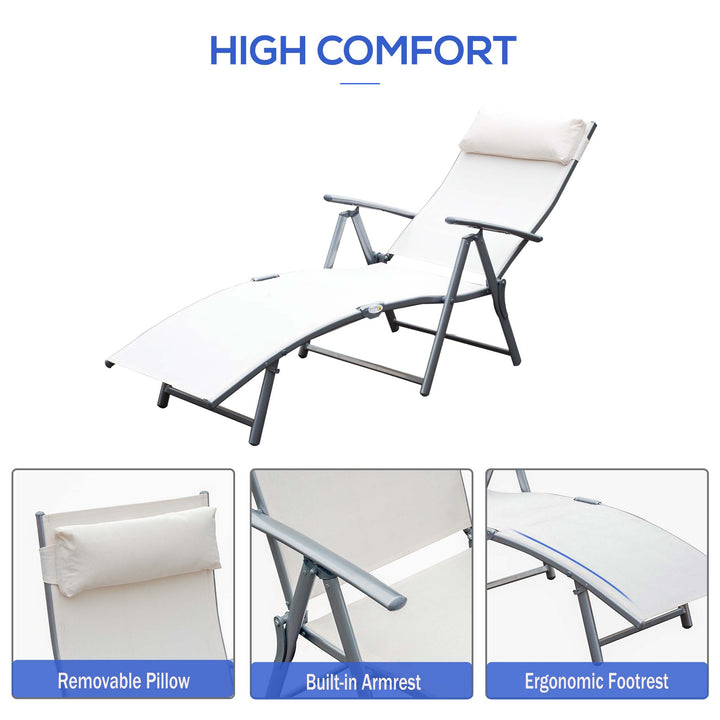 Outsunny Garden Lounger Steel Frame Outdoor Folding Chaise Recliner with Headrest & 7 Levels Adjustable Backrest, 81.5L x 20.5W x 64.5H, Cream White