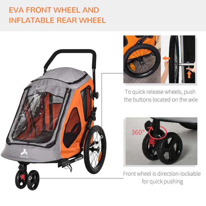 2 IN 1 Dog Bicycle Trailer Pet Carrier Stroller 360° Rotatable Front Wheel Reflectors Parking Brake Straps Cup Holder Water Resistant Orange