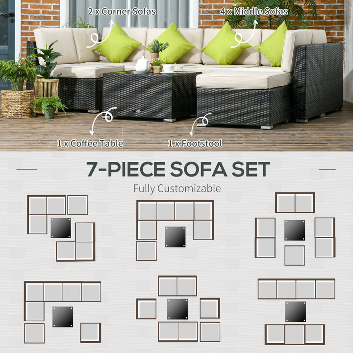 Outsunny 7-Seater PE Rattan Sofa Set Garden Wicker Furniture Set w/ Corner Sofa Set, Cushion, Cushion Cover and Tempered Glass Table, Brown