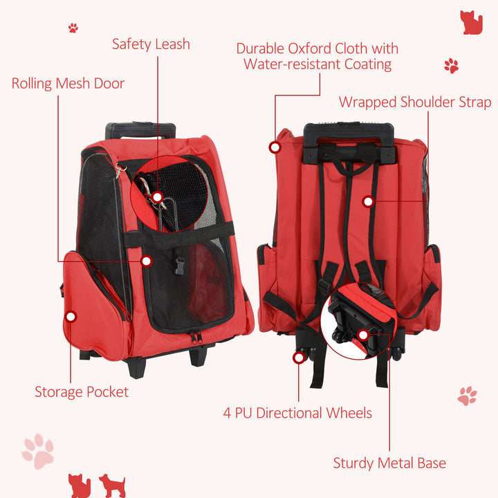 PawHut Pet Carrier Travel Backpack Bag Cat Carrier Dog Bag w/ Trolley and Telescopic Handle, 42 x 25 x 55 cm, Red