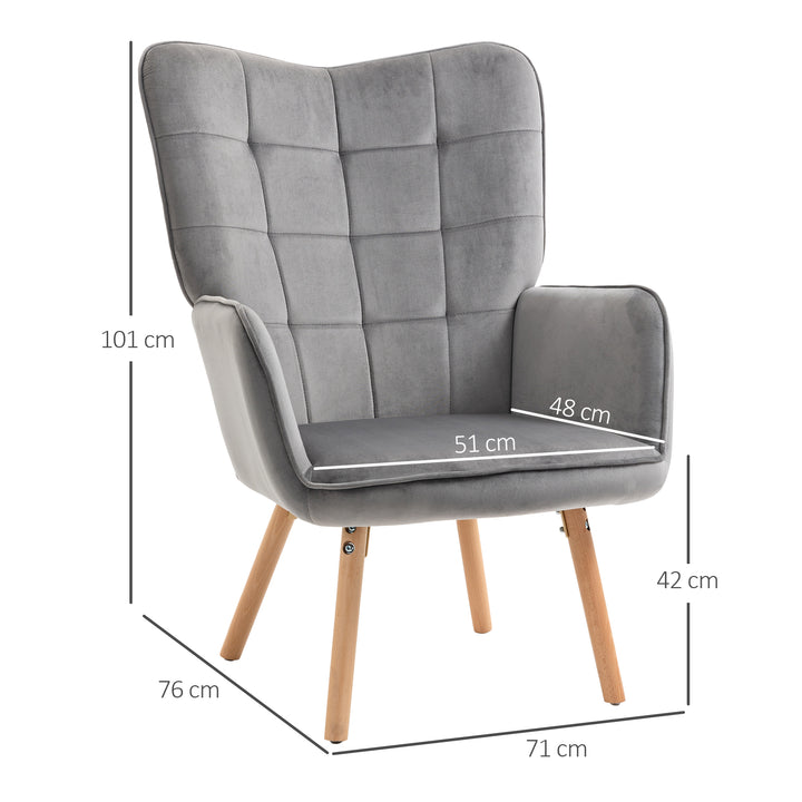 HOMCOM Modern Accent Chair Velvet-Touch Tufted Wingback Armchair Upholstered Leisure Lounge Sofa Club Chair with Wood Legs, Grey