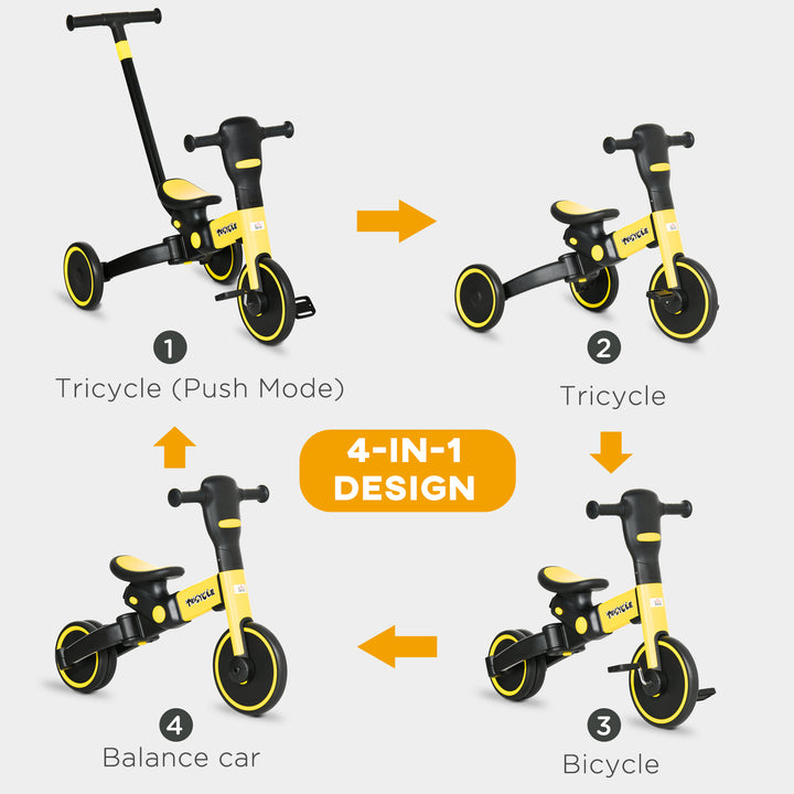 4-in-1 Tricycle for Kids, Baby Trike with Adjustable Push Handle, 18-60 Months, Yellow