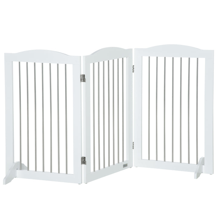 PawHut Foldable Dog Gate, Wooden Freestanding Pet Gate with 2 Support Feet, Dog Barrier for Doorways, Stairs, Halls - White