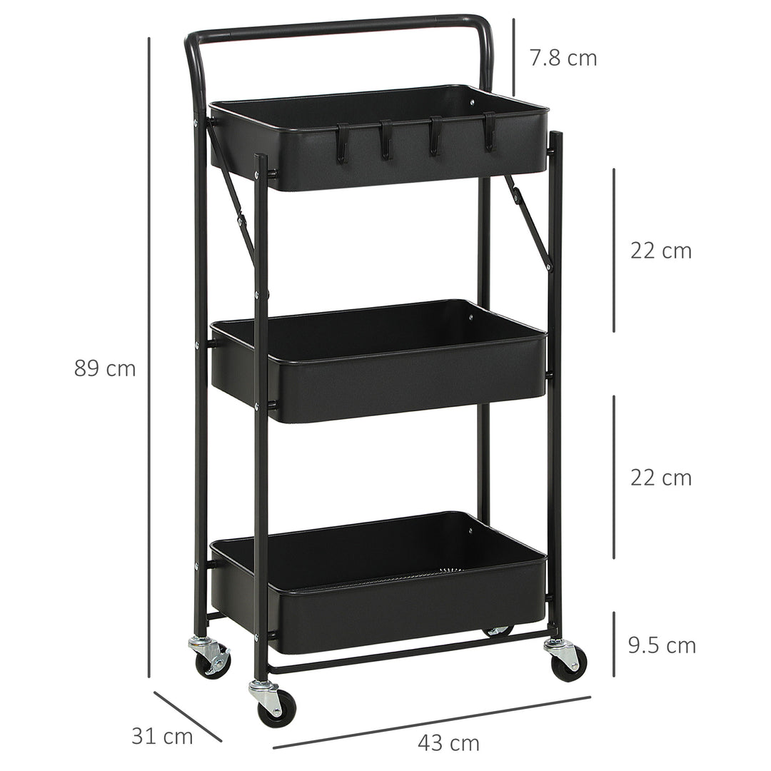3 Tier Storage Trolley Cart, Foldable Rolling Utility Cart with 3 Mesh Baskets, 4 Removable Hooks for Living Room, Laundry and Kitchen, Black