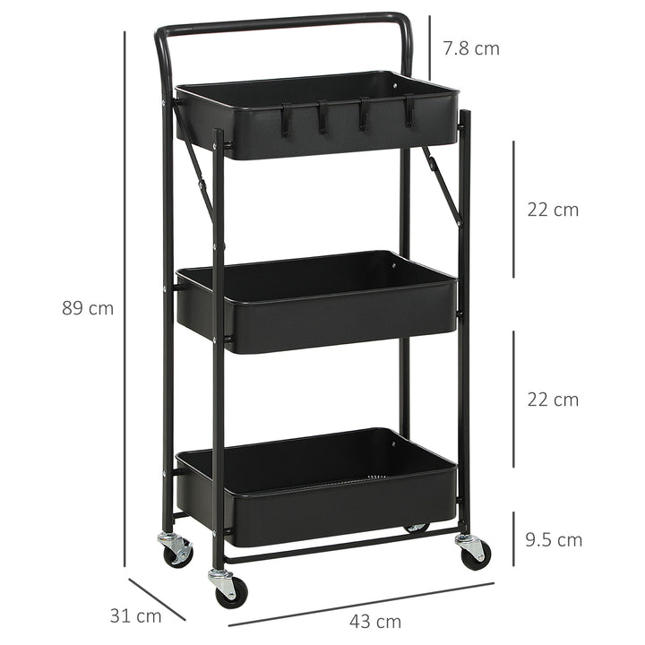 3 Tier Storage Trolley Cart, Foldable Rolling Utility Cart with 3 Mesh Baskets, 4 Removable Hooks for Living Room, Laundry and Kitchen, Black