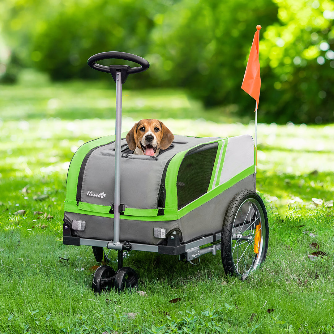 PawHut Dog Bike Trailer Two-In-One Trolley Stroller Cart Bicycle Carrier for Cat Puppy Travel w/ Reflectors Red Flag – Green