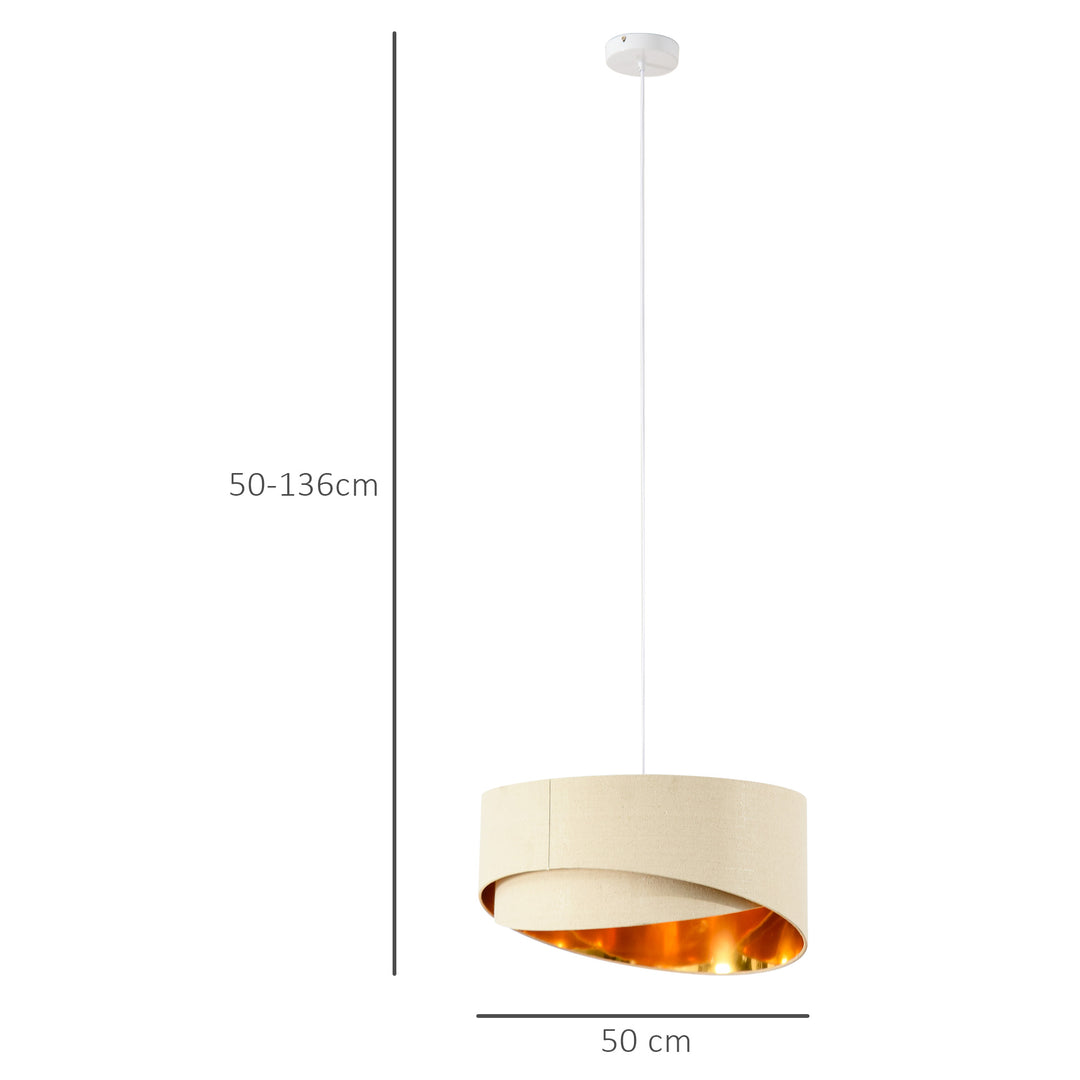 Modern Pendant Light with Adjustable Hanging Chain and Two Bevel Nested Lampshade, Metal Chandelier for Living Room, Bedroom, Beige and Gold