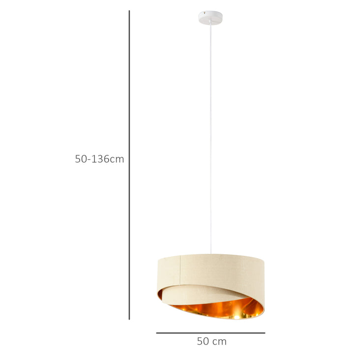 Modern Pendant Light with Adjustable Hanging Chain and Two Bevel Nested Lampshade, Metal Chandelier for Living Room, Bedroom, Beige and Gold