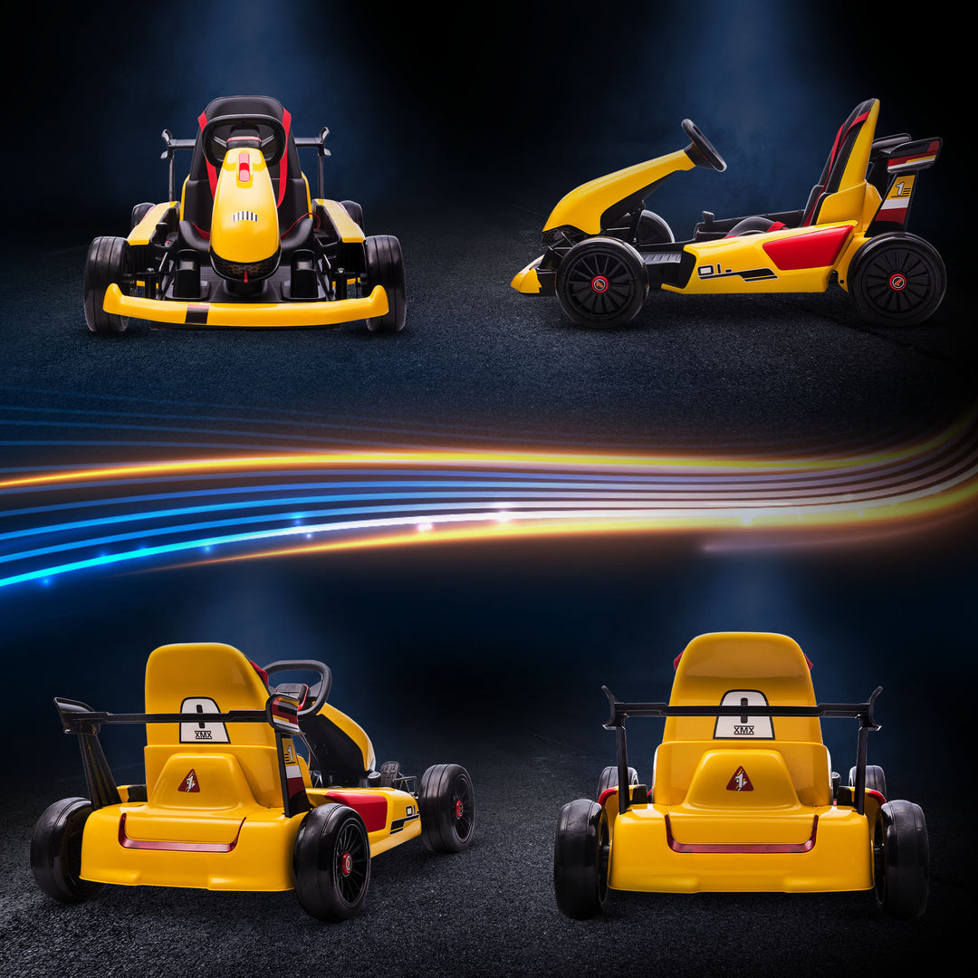 Electric Go Kart with Adjustable Footrest, Reversing Steering Wheel, Kids Ride-On Racing Go Kart with 12V Rechargeable Battery 2 Speeds Yellow