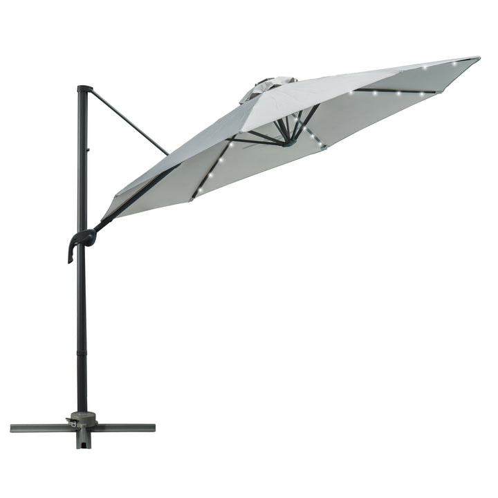 Outsunny 3(m) Cantilever Roma Parasol Patio Sun Umbrella with LED Solar Light Cross Base 360° Rotating Outdoor, Grey