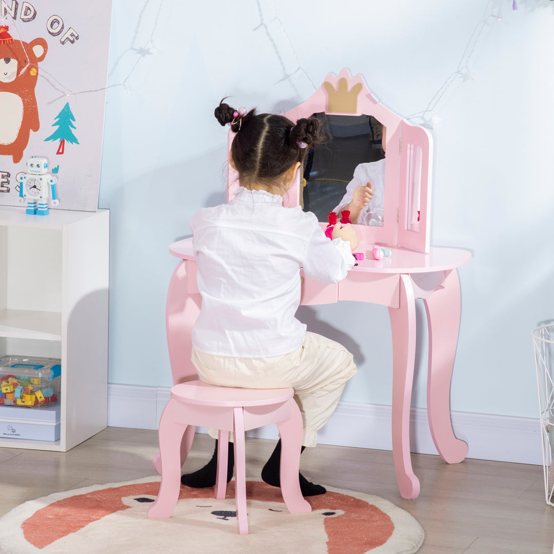 Kids Dressing Table with Mirror and Stool, Kids Vanity Set, Girl Makeup Desk with Rotatable Mirrors and Drawer, Pink