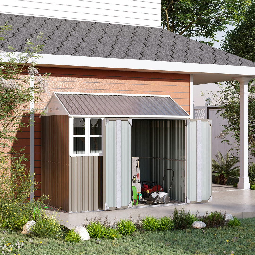 8 x 6 ft Metal Garden Storage Shed Patio Corrugated Roof Tool Storage Box w/ Double Door Window Sloped Roof, Grey