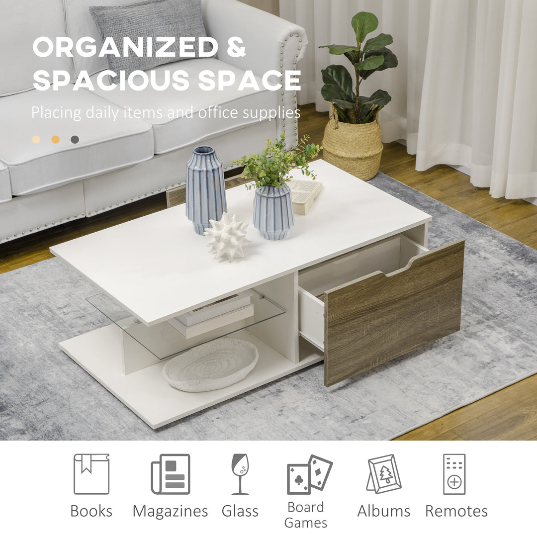 Coffee Table, Modern Tea Table with Tempered Glass Shelves, and Two Drawers, Coffee Tables for Living Room, Bed Room, White