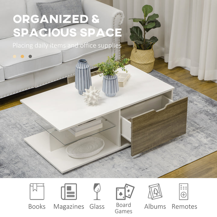 Coffee Table, Modern Tea Table with Tempered Glass Shelves, and Two Drawers, Coffee Tables for Living Room, Bed Room, White