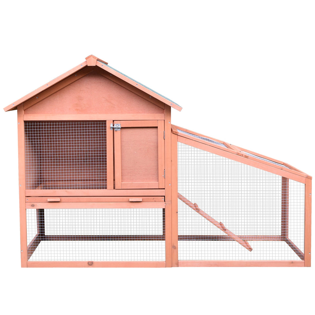 PawHut 2 Tier Rabbit Cage, Solid Wood Bunny House, Water Resistant Asphalt Roof Ramp Sliding tray 144 x 64.5 x 100 cm Red/Brown