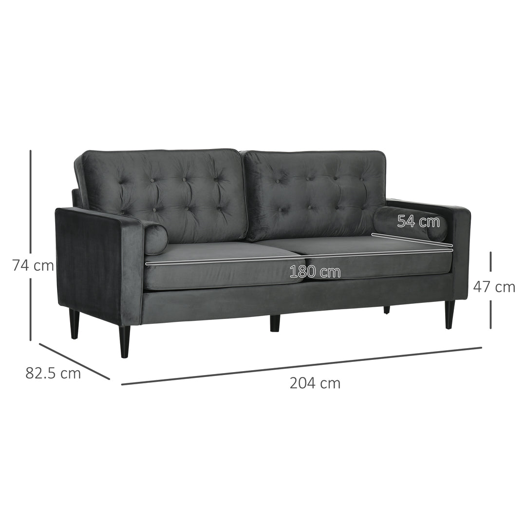 HOMCOM 3-Seater Sofa, 204 cm Sofa Couch with Button-Tufted Back Cushion, 2 Pillows and Rubber Wood Legs for Living Room, Grey