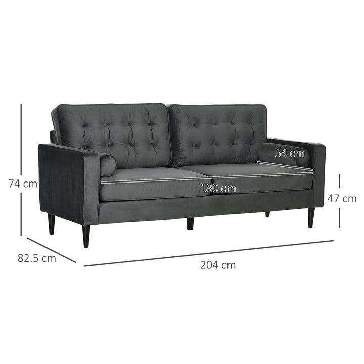 HOMCOM 3-Seater Sofa, 204 cm Sofa Couch with Button-Tufted Back Cushion, 2 Pillows and Rubber Wood Legs for Living Room, Grey