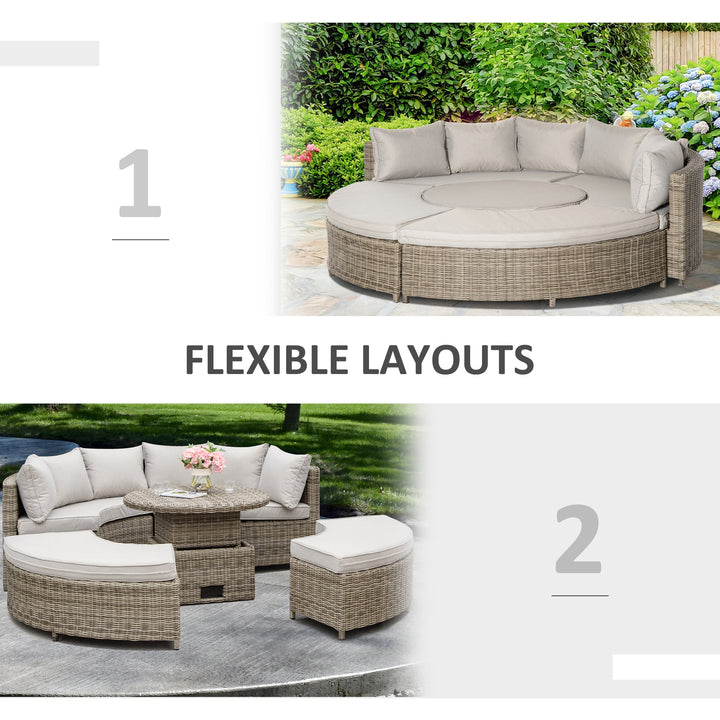 6-Seater Outdoor PE Rattan Patio Furniture Set Lounge Chair Round Daybed Liftable Coffee Table Conversation Set w/ Olefin Cushion, Grey