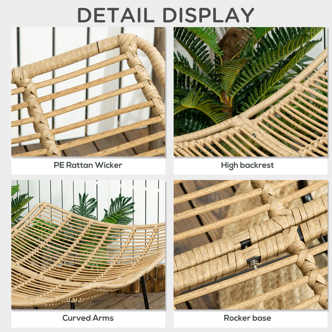 Outdoor PE Rattan Rocking Chair, Patio Luxury Round Wicker Garden Porch Furniture w/ Thick Cushion, Natural Wood Finish