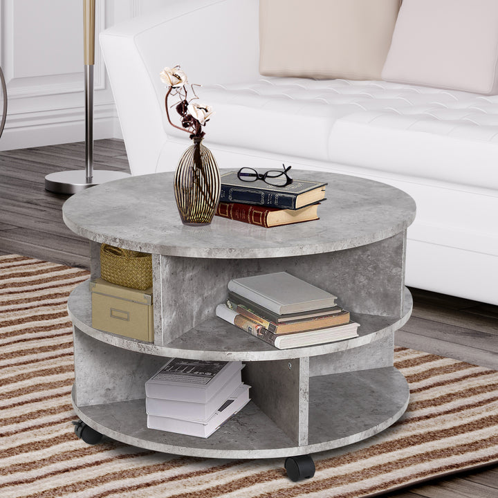 2 Tier Round Side End Table Coffee Desk with Divided Shelves Tea Table Storage Unit Living Room Organiser with Wheels - Cement colour