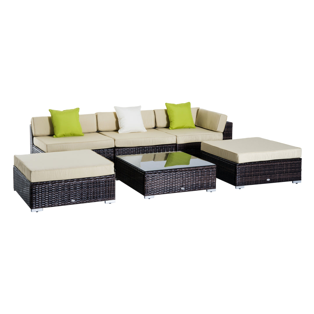 5-Seater Rattan Sofa Coffee Table Set Sectional Wicker Weave Furniture for Garden Outdoor Conservatory w/ Pillow Cushion  Brown