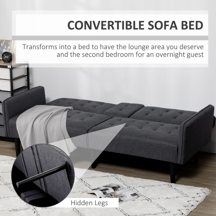 Upholstered 3 Seater Sofa Bed, Linen-Touch Sleeper Futon Recliner with Storage and Cupholders, Grey