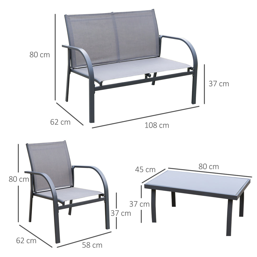 4 pcs Curved Steel Patio Furniture Set w/ Loveseat, Texteline Seats, Glass Top Table For Party Event, Grey