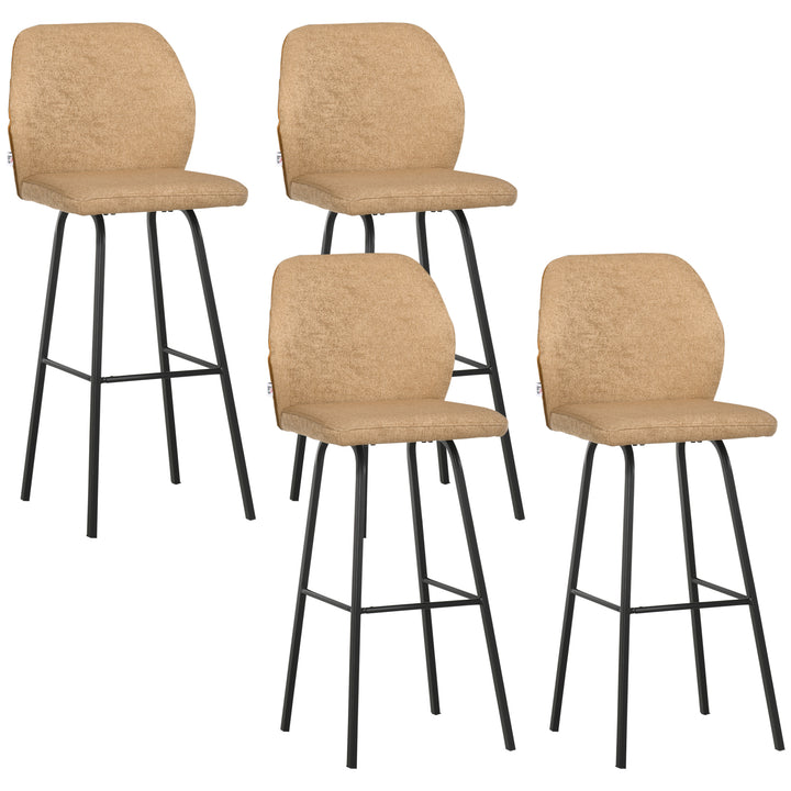 Bar Stools Set of 4, Linen-Touch Upholstered Bar Chairs, Kitchen Stools with Backs and Steel Legs for Dining Room, Light Brown