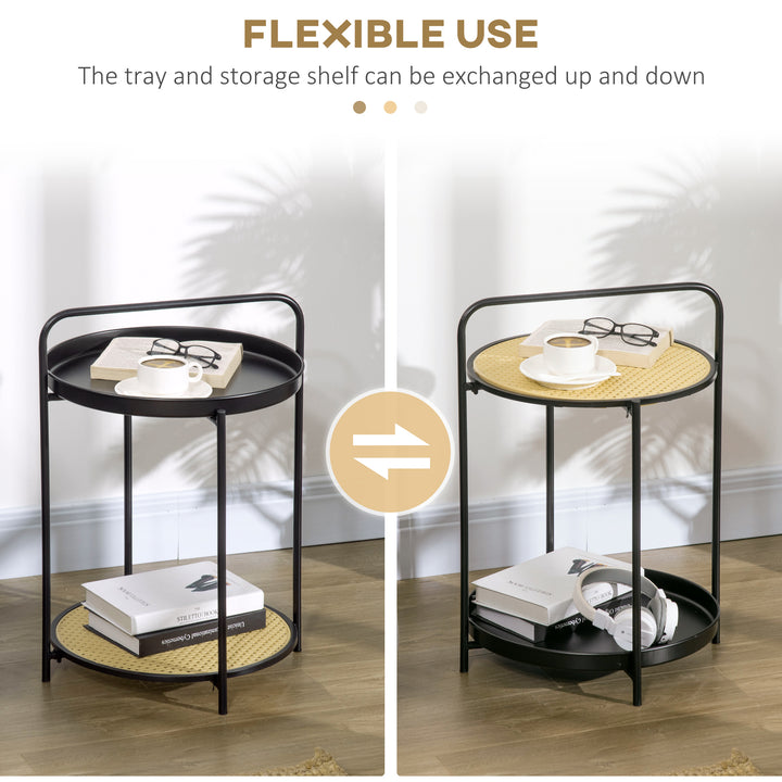 Round Side Table with Detachable Tray and Plastic Rattan Shelf, End Table with Steel Frame, Black