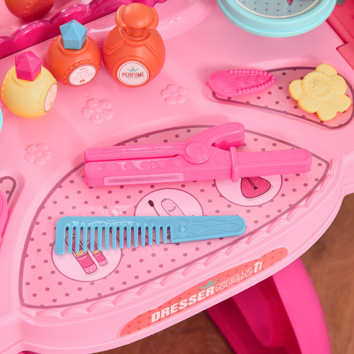 36 Pcs Kids Vanity Musical Dressing Table Make Up Desk w/ Stool Beauty Kit Toy Children Glamour Princess Magic Mirror Lights for 3 Years Old