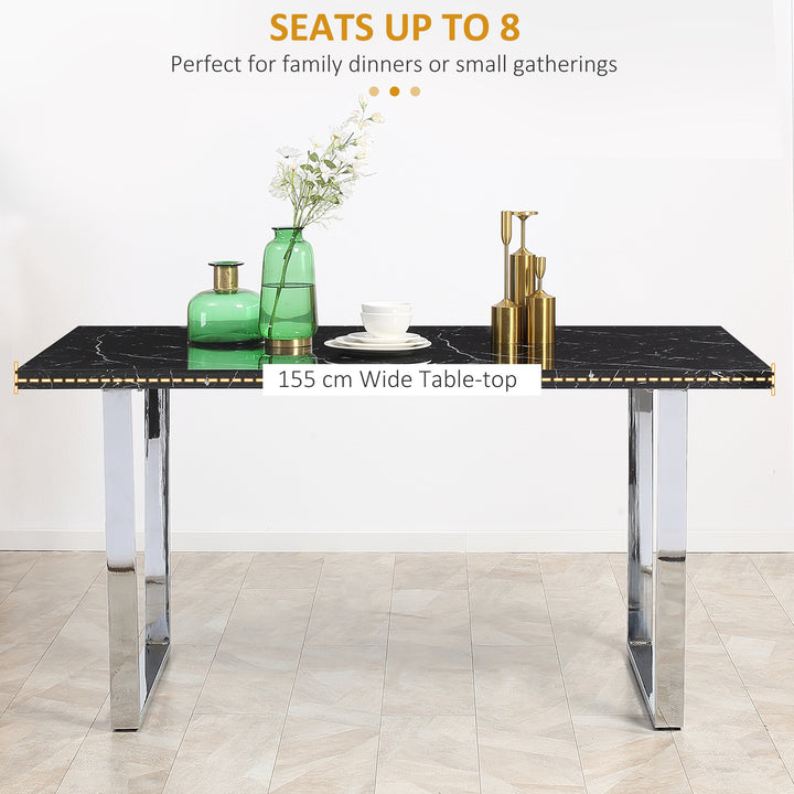 Modern Dining Room Table Rectangular Kitchen Table for 6-8 People with Marble Effect Tabletop Steel Legs 155 cm Black