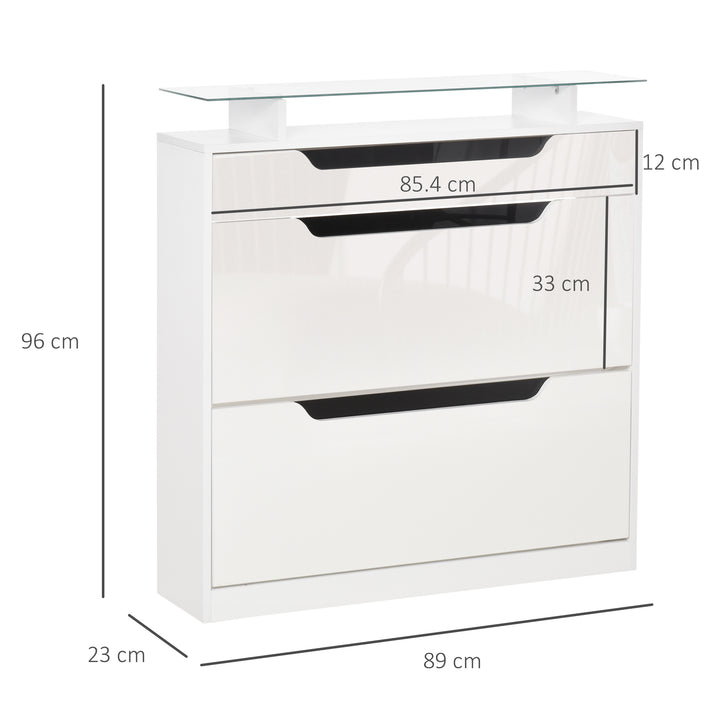 Shoe Cabinet with 3 Drawers High Gloss Storage Cupboard Tipping Bucket with Flip Door Glass Top Adjustable Shelf Large-Capacity for 14 Pairs