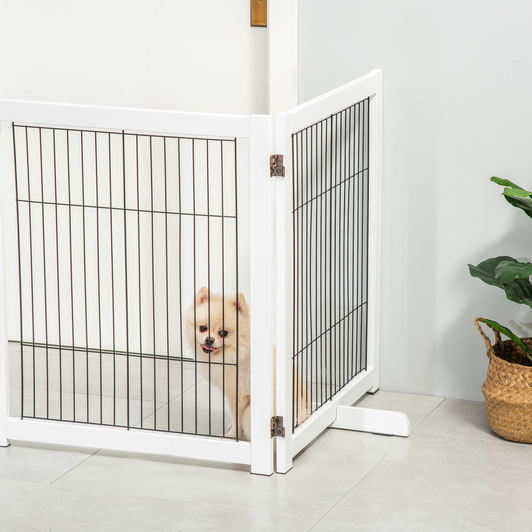 PawHut Dog Gate Wooden Foldable Small & Medium-Sized Pet Gate 4 Panel with Support Feet Pet Fence Safety Barrier for House Doorway Stairs White