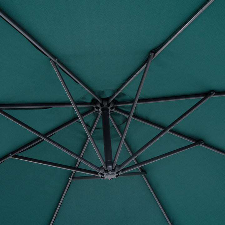 Outsunny 3(m) Banana Parasol Hanging Cantilever Umbrella with Crank Handle, 8 Ribs and Cross Base for Outdoor, Sun Shade, Dark Green