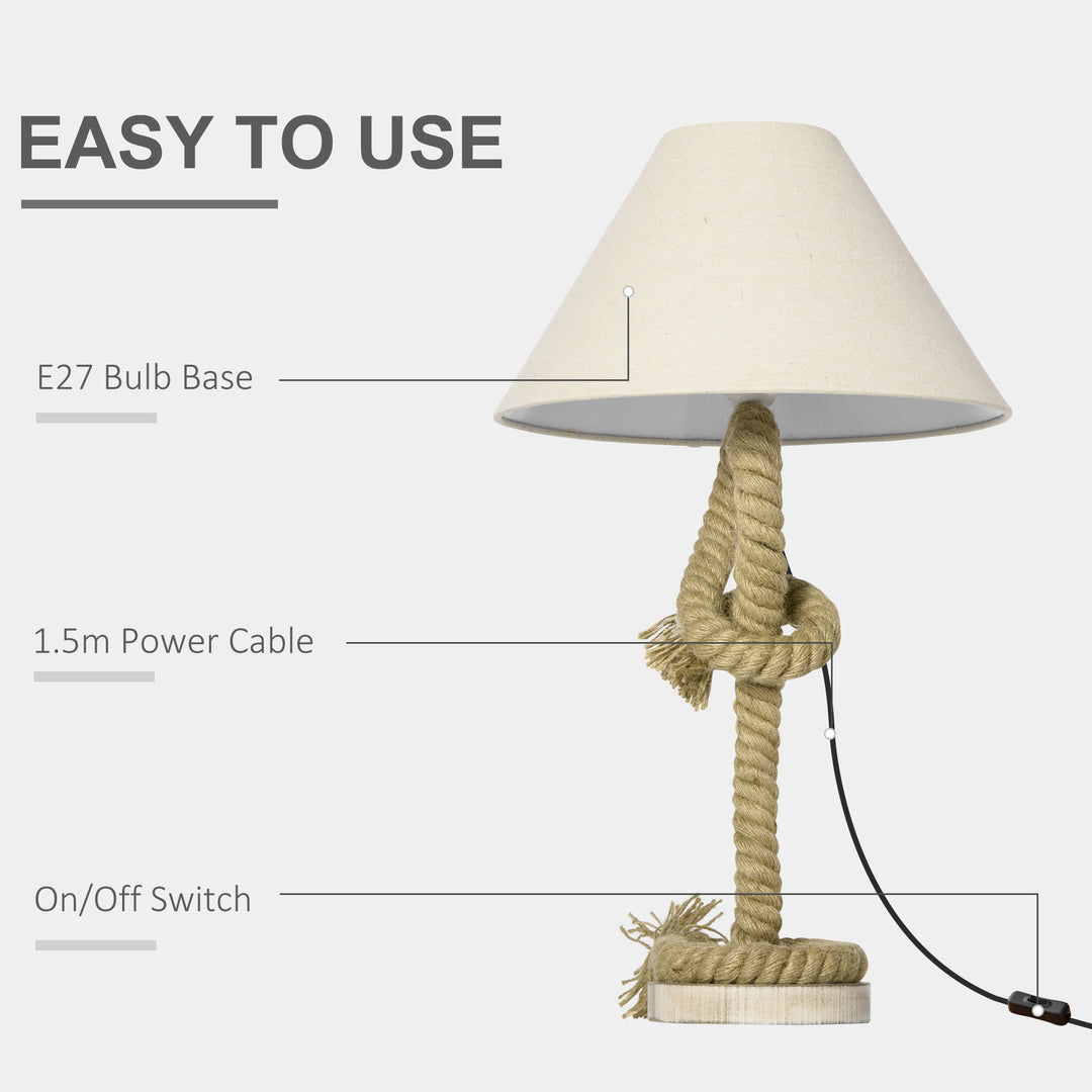 HOMCOM Nautical Style Table Lamp with Fabric Lampshade, Twisted Rope Bedside Lamp for Bedroom, Study, Living Room, Beige